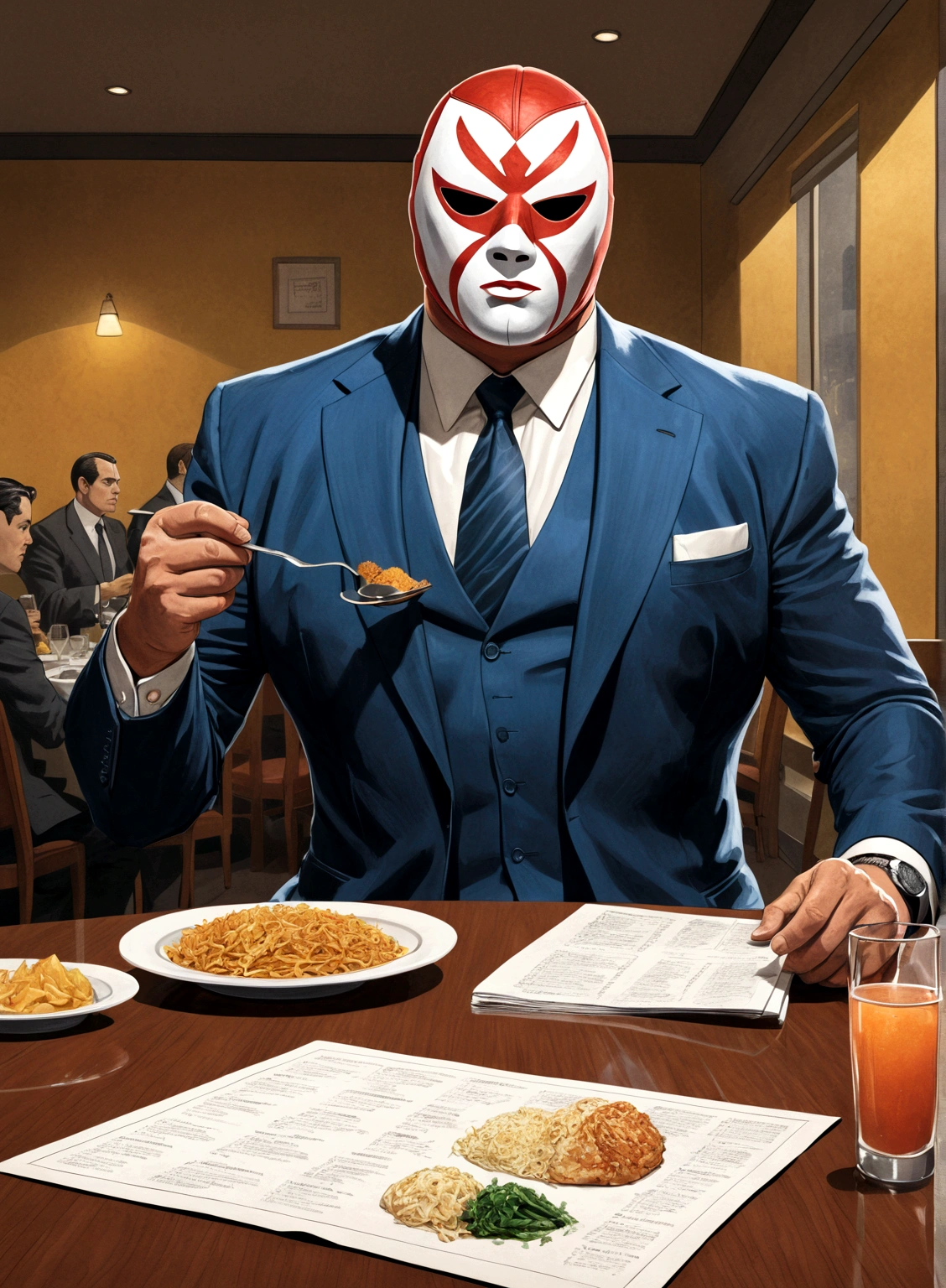 Minimalistic comic artwork of a large man in a business suit, wearing a wrestling mask, sitting at a dinner table looking at a menu, crosshatching, 2D, Sharp, Detailed, HD, HDR, High Quality, High Resolution, Masterpiece, single panel