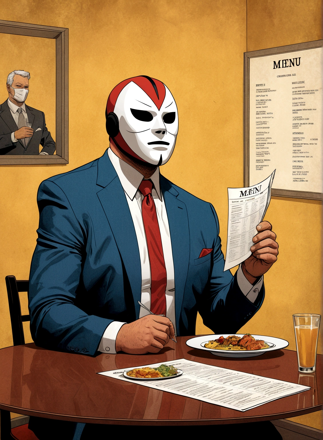 Minimalistic comic artwork of a large man in a business suit, wearing a wrestling mask, sitting at a dinner table looking at a menu, crosshatching, 2D, Sharp, Detailed, HD, HDR, High Quality, High Resolution, Masterpiece, single panel