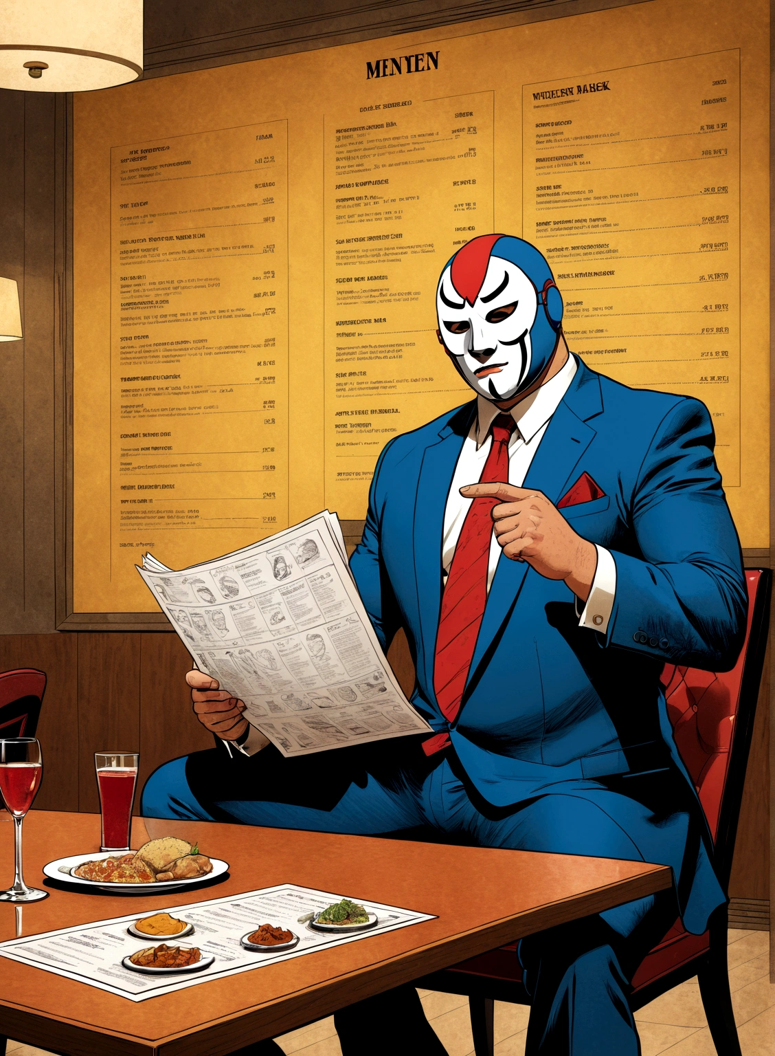 Minimalistic comic artwork of a large man in a business suit, wearing a wrestling mask, sitting at a dinner table looking at a menu, crosshatching, 2D, Sharp, Detailed, HD, HDR, High Quality, High Resolution, Masterpiece, single panel