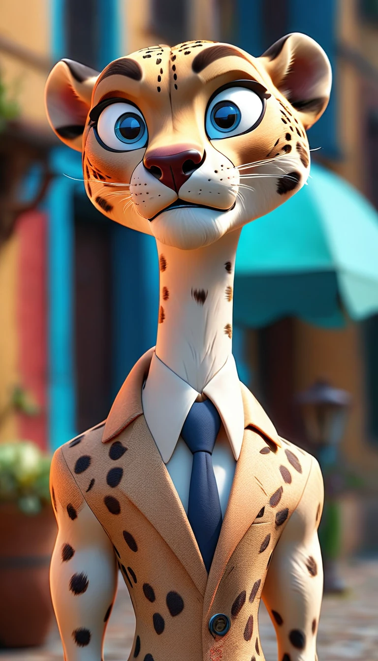 a 3d animated style cheetah humanoid character, wearing a white jacket, blue eyes, Red tie, Whole-body, standing in an italian town, detailed facial features, detailed clothing, highly detailed, 8k, studio lighting, vibrant colors, cinematic composition