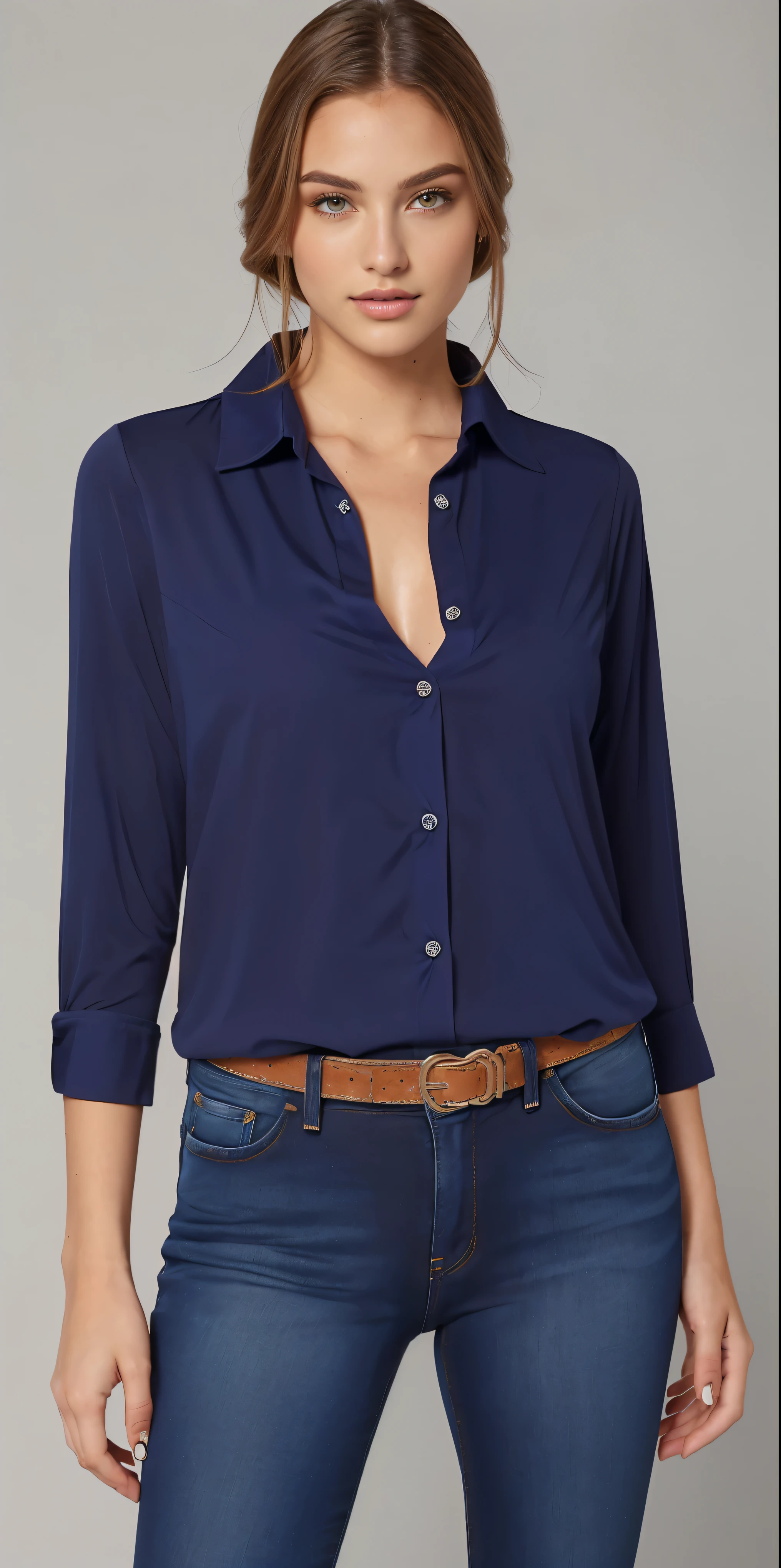 a woman in a camisa azul and jeans poses for a picture, dark camisa azul, Marinha shirt, button-up shirt, vestindo uma camisa escura e jeans, camisa de colarinho, button-up shirt, camisa azul, Vestindo uma blusa, wearing a dark blue polo shirt, splendid, Marinha, matte Marinha - blue bodysuit, com ombreiras, Roupas azuis escuras