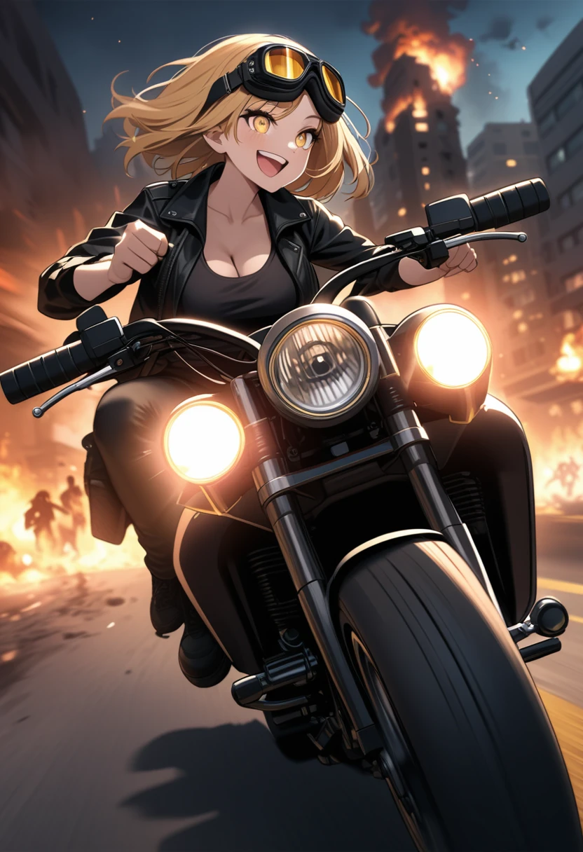 Golden hair, golden eyes, woman, cruiser motorcycle, big chest, motorcycle goggles, happy, big smile, burning city at night, zombie apocalypse, black streetwear, speeding, highly detailed, perfect eyes, perfect hands