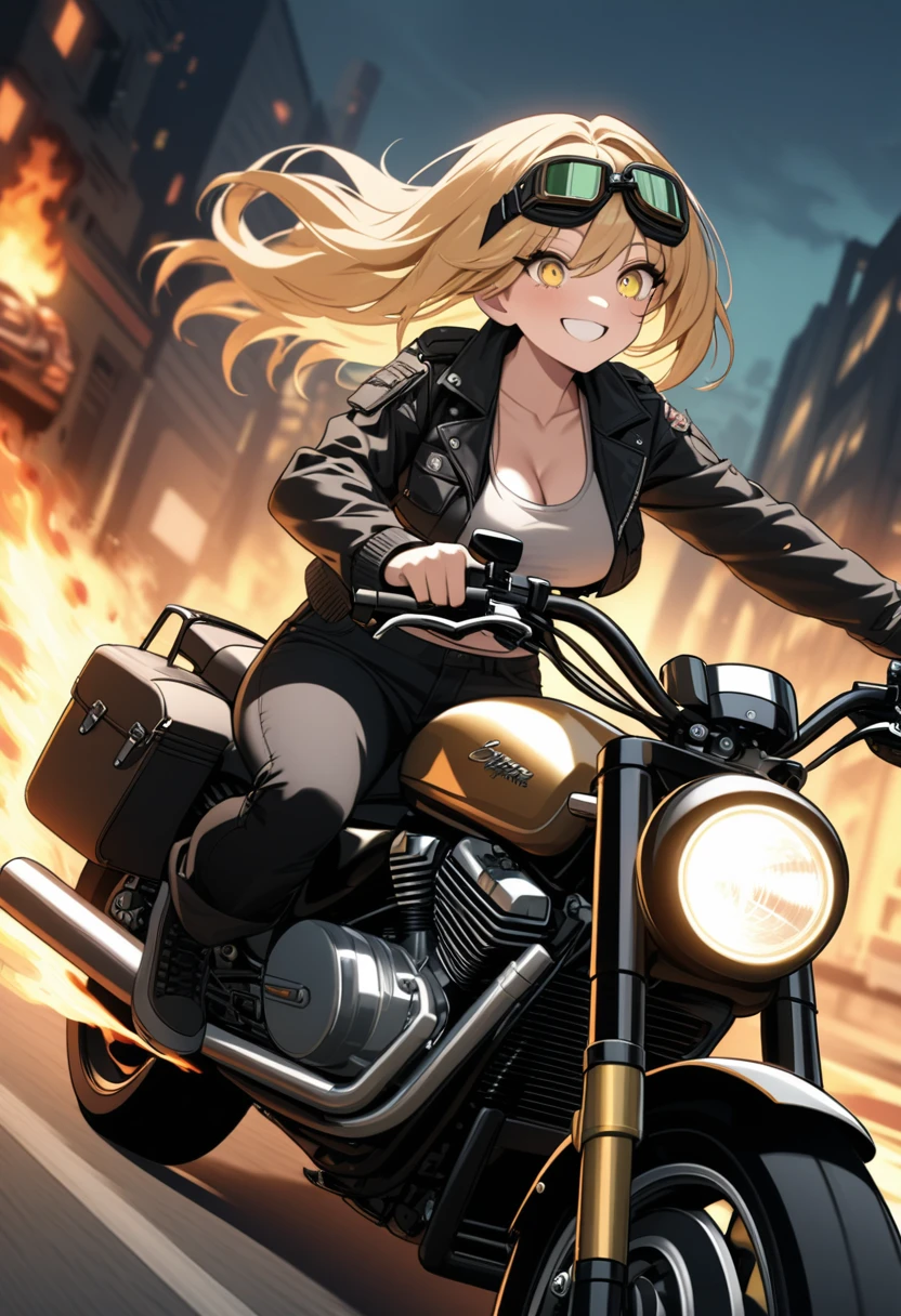 Golden hair, golden eyes, woman, cruiser motorcycle, big chest, motorcycle goggles, happy, big smile, burning city at night, zombie apocalypse, black streetwear, speeding, highly detailed, perfect eyes, perfect hands