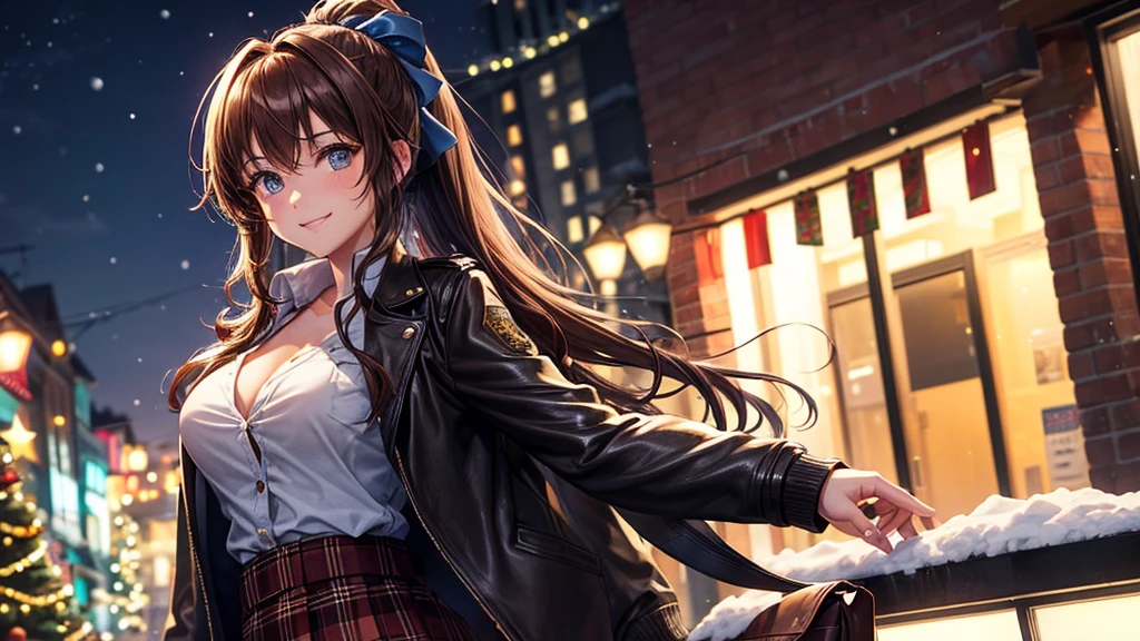 1girl, solo, christmas, ((christmas tree)), street, night, lights, snow, long hair, brown hair, curly hair, ponytail, large full breasts, ((brown leather jacket)), button down shirt, dark blue eyes, ((blue shirt)), ((checked shirt)), ((unbuttoned shirt)), ((long skirt)), smile, ((unbuttoned shirt)), unbuttoning buttons, cleavage 1:3, looking at the viewer, standing, hair ribbon, golden necklate
