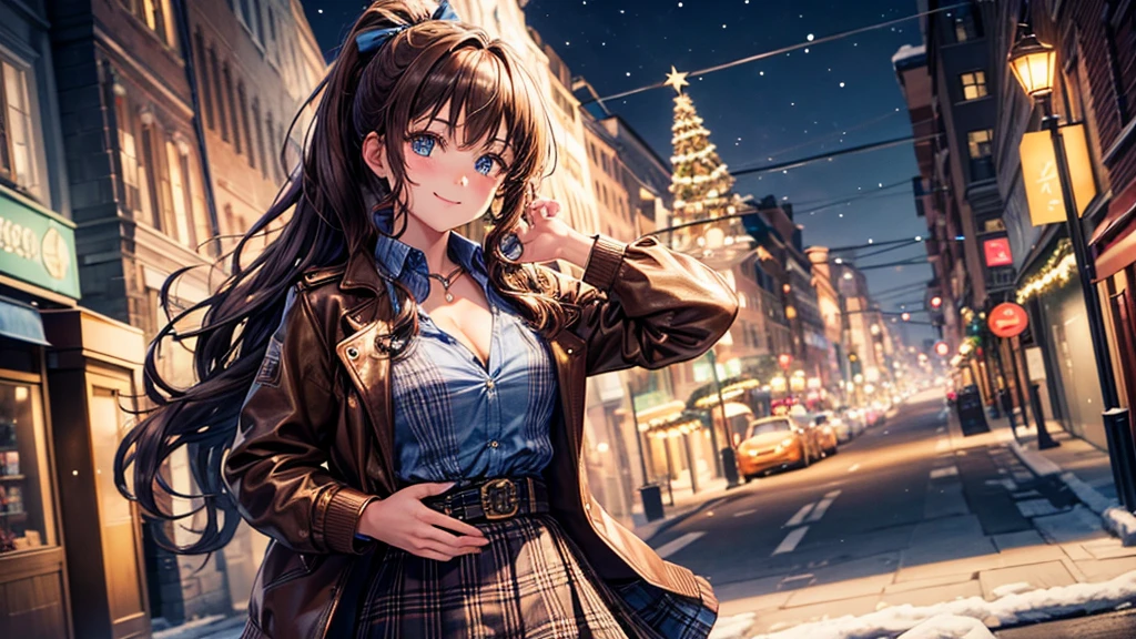 1girl, solo, christmas, ((christmas tree)), street, night, lights, snow, long hair, brown hair, curly hair, ponytail, large full breasts, ((brown leather jacket)), button down shirt, dark blue eyes, ((blue shirt)), ((checked shirt)), ((unbuttoned shirt)), ((long skirt)), smile, ((unbuttoned shirt)), unbuttoning buttons, cleavage 1:3, looking at the viewer, standing, hair ribbon, golden necklate