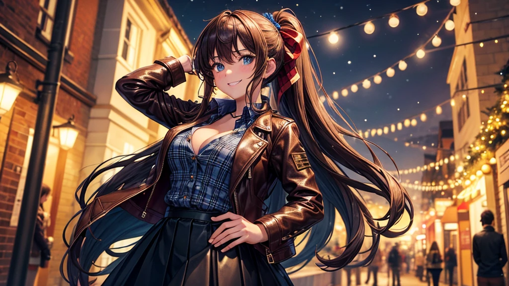 1girl, solo, christmas, ((christmas tree)), street, night, lights, snow, long hair, brown hair, curly hair, ponytail, large full breasts, ((brown leather jacket)), button down shirt, dark blue eyes, ((blue shirt)), ((checked shirt)), ((unbuttoned shirt)), ((long skirt)), smile, ((unbuttoned shirt)), unbuttoning buttons, cleavage 1:3, looking at the viewer, standing, hair ribbon, golden necklate
