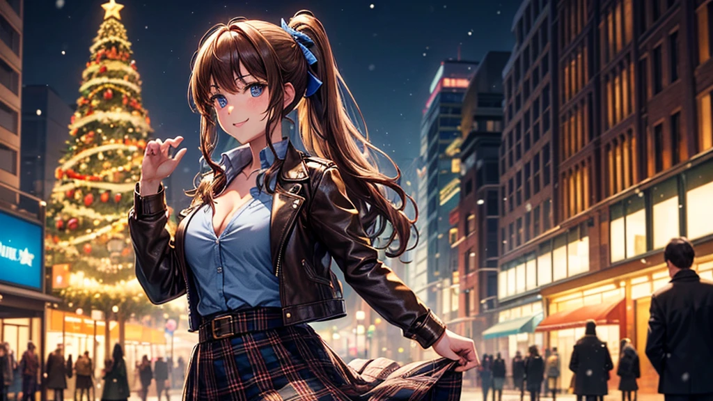 1girl, solo, christmas, ((christmas tree)), street, night, lights, snow, long hair, brown hair, curly hair, ponytail, large full breasts, ((brown leather jacket)), button down shirt, dark blue eyes, ((blue shirt)), ((checked shirt)), ((unbuttoned shirt)), ((long skirt)), smile, ((unbuttoned shirt)), unbuttoning buttons, cleavage 1:3, looking at the viewer, standing, hair ribbon, golden necklate