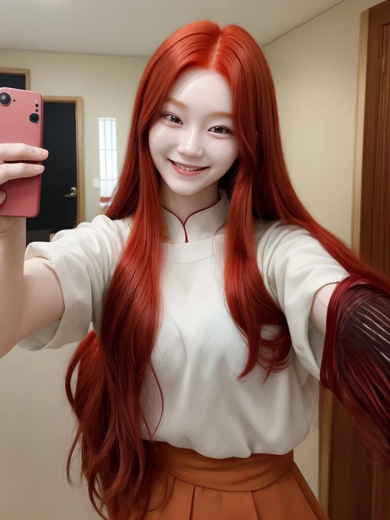 Korean with long red hair, smiling face, Selfie