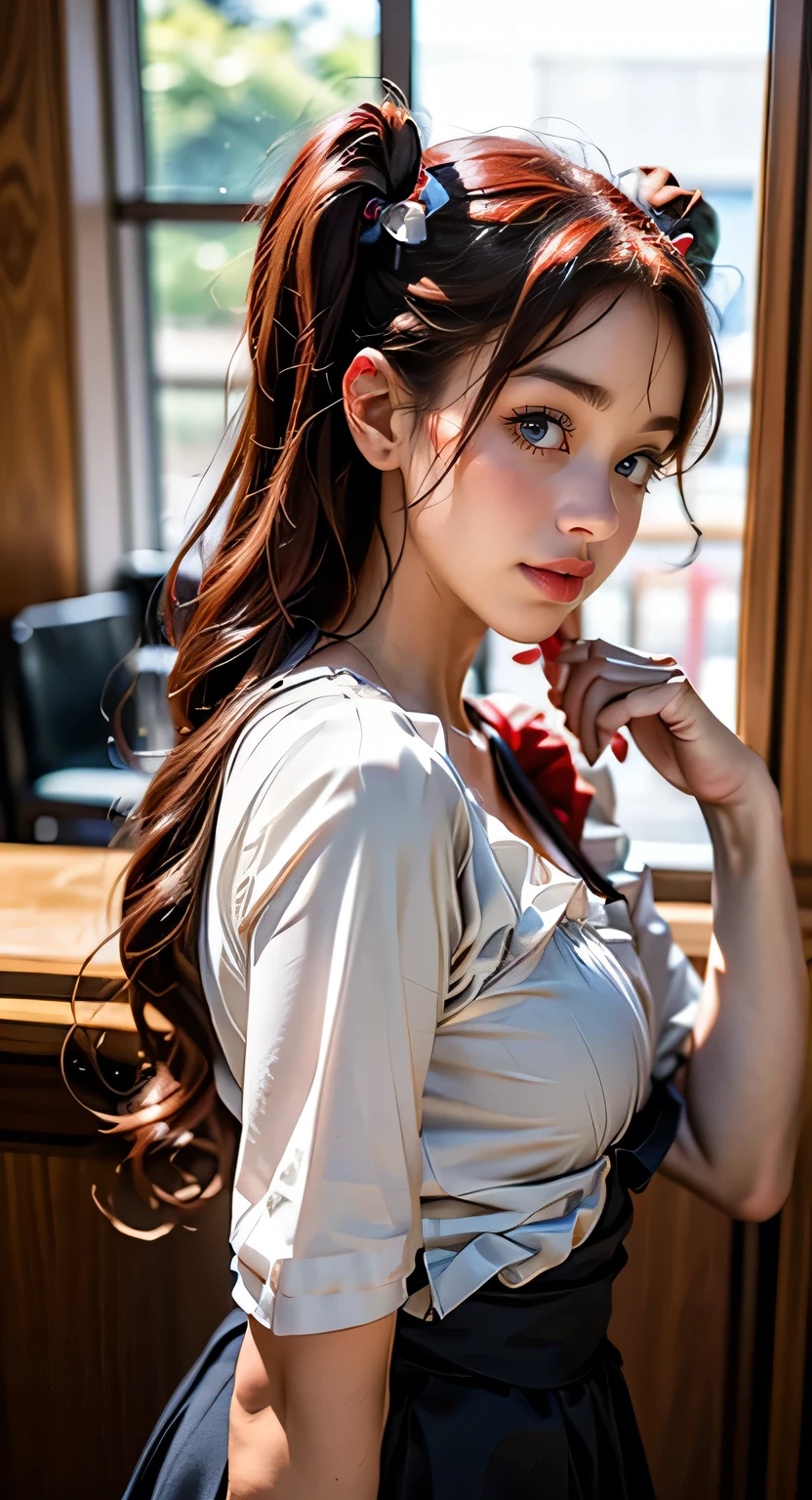 Promotional Photos, The location is a coffee shop, 1 Girl, The face of a 16 year old, The waitress is bringing the cake to the table, Red hair twin tails, Kind Face, A strawberry-inspired half-gothic lolita and half-maid costume, White-based clothing,