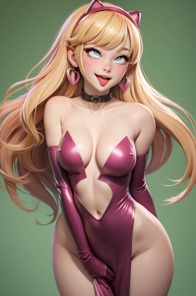 1 kawaii gamer girl, NSFW, girl, solo, bright aqua eyes, eyelids, blush, seductive smile, naughty expression, red lips, hair bangs, smooth long hair, blonde hair, pink ribbon hairband, heart earings, collar, collarbone, sexy body, slim waist, navel, natural nude huge tits, cleavage, flat chest, cleavage, erotic pose, looking at viewer, flat green background, upper body , nude huge tits, 1 kawaii gamer girl, NSFW, girl, solo, bright aqua eyes, eyelids, blush, seductive smile, naughty expression, red lips, hair bangs, smooth long hair, blonde hair, pink ribbon hairband, heart earings, collar, collarbone, sexy body, slim waist, navel, natural nude huge tits, cleavage, flat chest, cleavage, erotic pose, looking at viewer, flat green background, upper body , nude huge tits,sticking out tongue, very shiny skin 