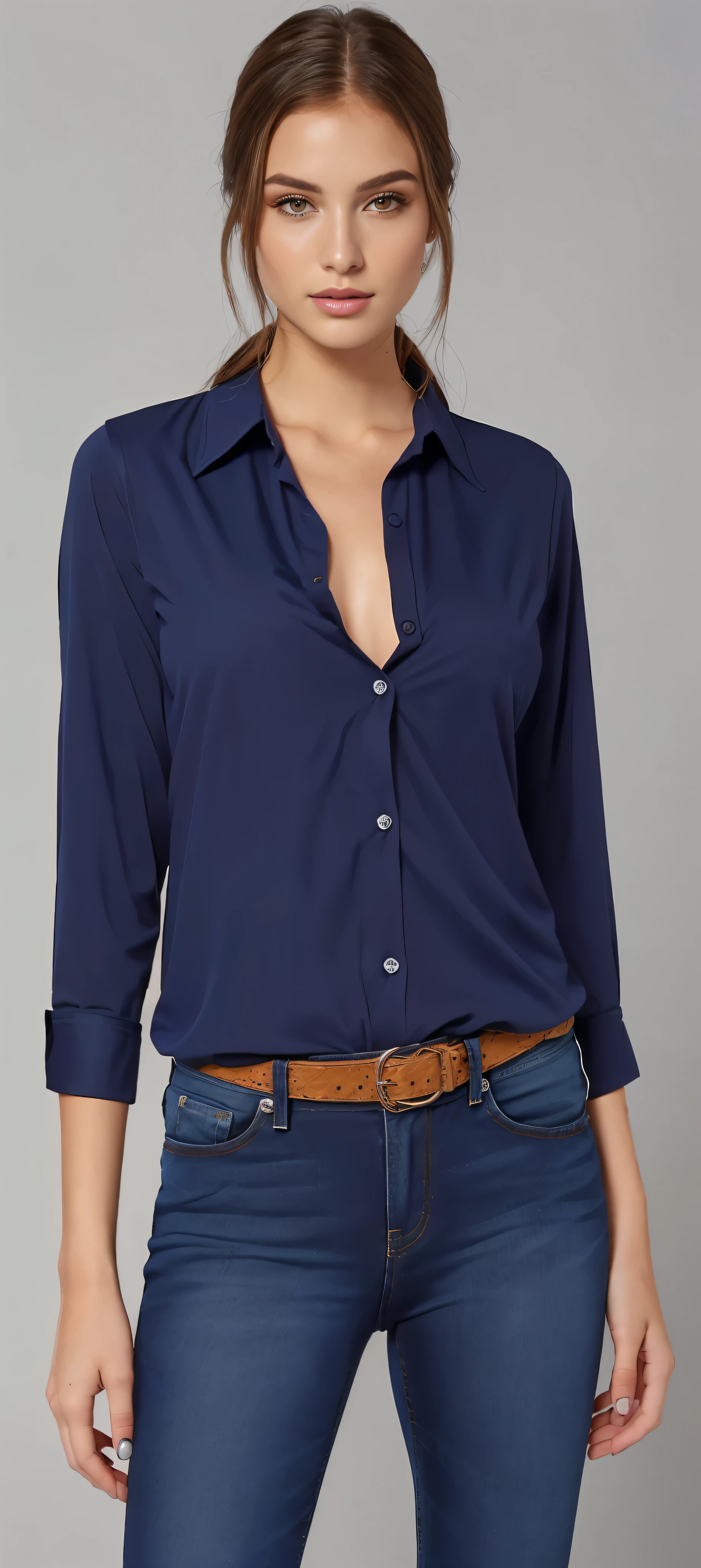 a woman in a camisa azul and jeans poses for a picture, dark camisa azul, Marinha shirt, button-up shirt, vestindo uma camisa escura e jeans, camisa de colarinho, button-up shirt, camisa azul, Vestindo uma blusa, wearing a dark blue polo shirt, splendid, Marinha, matte Marinha - blue bodysuit, com ombreiras, Roupas azuis escuras