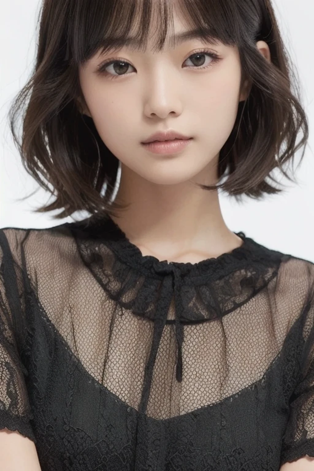 Close up portrait of woman in black top and black dress, Chin-length hair, Short hair, Short black hair, Medium short hair, Short black haircut, short～Medium Hair, Messy shoulder-length black hair, Brown short hair, Messy black bob hair, Japanese Model, Shoulder-length wavy hair, Short Wavy Hair, Wavy short hair
