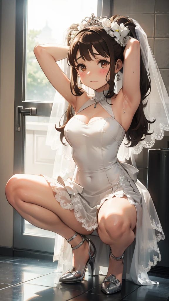 (nsfw), (perfect anatomy, balanced proportions, extremely cute illustration:1.1), public restroom, brown hair, brown eyes, long hair, twintails, hair ornament, (arms behind head, armpits), (embarrassed, crying hard), (squatting, spread legs), (wedding dress:1.5), , cute round face feminine body, well-proportioned, healthy figure, smooth skin, slender arms, soft curves, high-quality details, facing forward, eyes looking straight ahead,