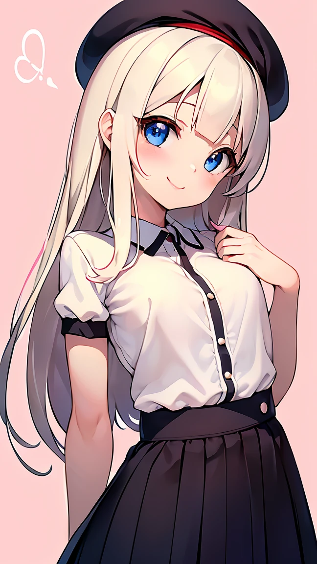 Highest quality,masterpiece,old sister,masterpiece portrait,Upper Body, Blonde、Blue Eyes、Pink lips、、White shirt、Black ribbon at chest、cartoonist、(((Slightly erotic)))、Wear a red beret、tilt your head and smile、Anime Style、Beauty、Her background is monochrome black、(((Looking at the camera facing the front)))、Looking up,oil
