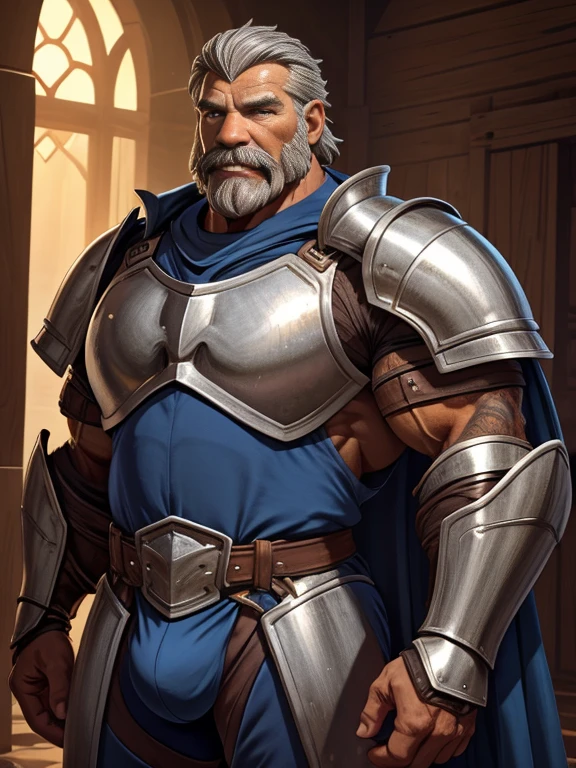 burly virile hairy werelion, in a suit of armor, a himbo muscle daddy, middle-aged dilf, hirsute, overmuscular and musclebound, bulging veiny muscles, a warrior's build, a bodybuilder's physique, long bushy and a thick mustache, a square jaw, handsome and dreamy, grey hair, a knight clad in full armor