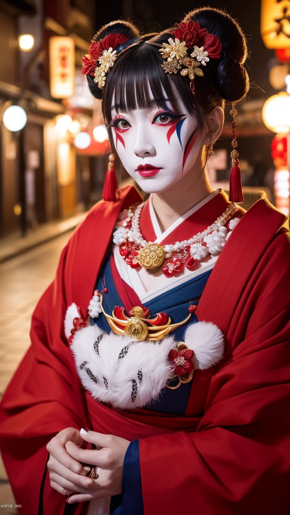 japanese kabuki、eccentric makeup、Please express the jinbaori and so on. In 4K