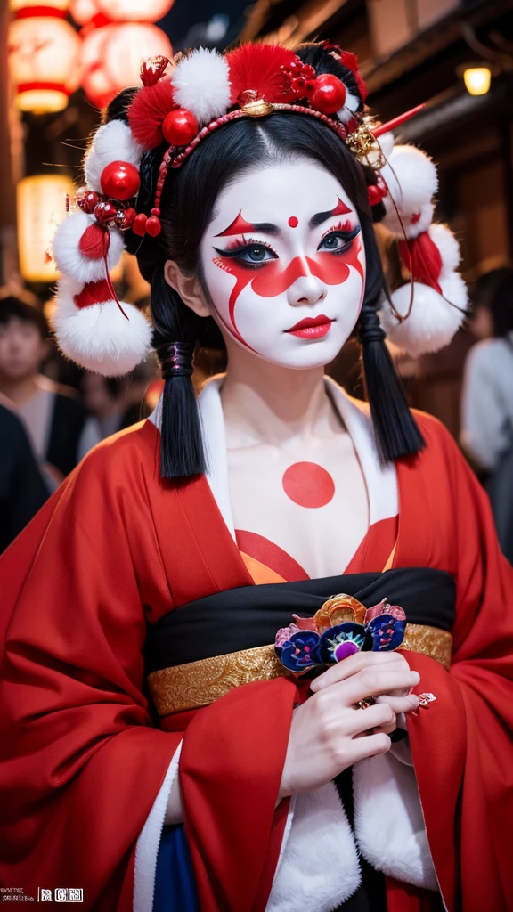 japanese kabuki、eccentric makeup、Please express the jinbaori and so on. In 4K