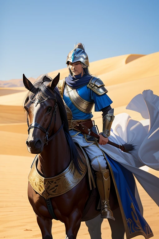 Sword General，horse riding，Take the shield，Wearing armor，Wearing a helmet，In the desert，banner，Strong wind，
