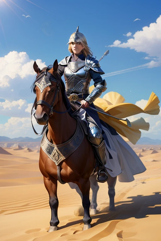 Sword General,horse riding,Take the shield,Wearing armor,Wearing a helmet,In the desert,banner,Strong wind,