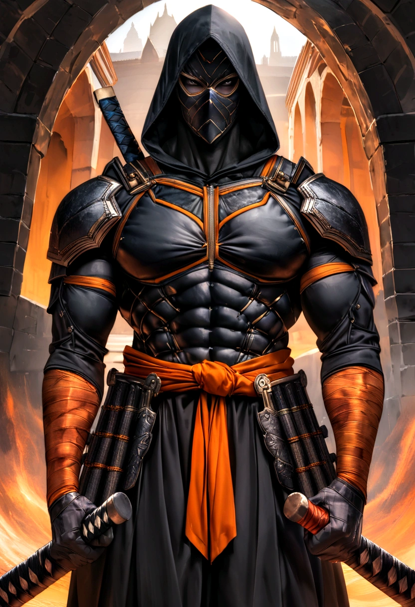 Dark Ninja Face with Black Eyes,  tall and muscular male with short jet-black hair, piercing amber eyes, and a sharp jawline with a thin scar on his left cheek. As the leader, he is a master swordsman, an expert in hand-to-hand combat, stealth, infiltration, and tactical strategy. His costume consists of black, tight-fitting armor with orange accents along the edges and joints, a black balaclava mask with orange highlights around the eyes, a deep black hood, and twin katanas strapped to his back with orange-wrapped hilts. Geographic Data in Detailed Hyper-Realism Photoshoot Style