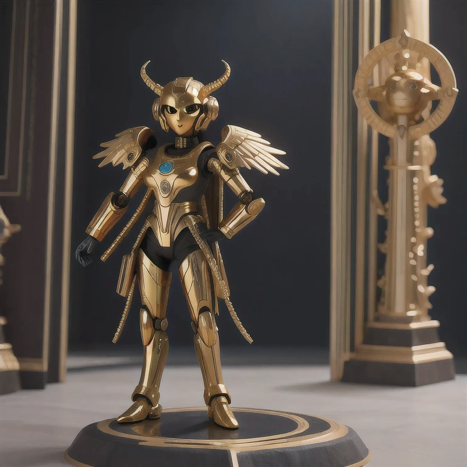  statue of a golden robot on a black surface, cute elaborate epic robot, greek  in mecha style, cyber steampunk 8 k 3 d, detailed cosmic angelic robot, the golden humanoid robot, sci - fi armour, detailed humanoid, 3 d 8 k octan render, sculpture of moloch, rendered in keyshot