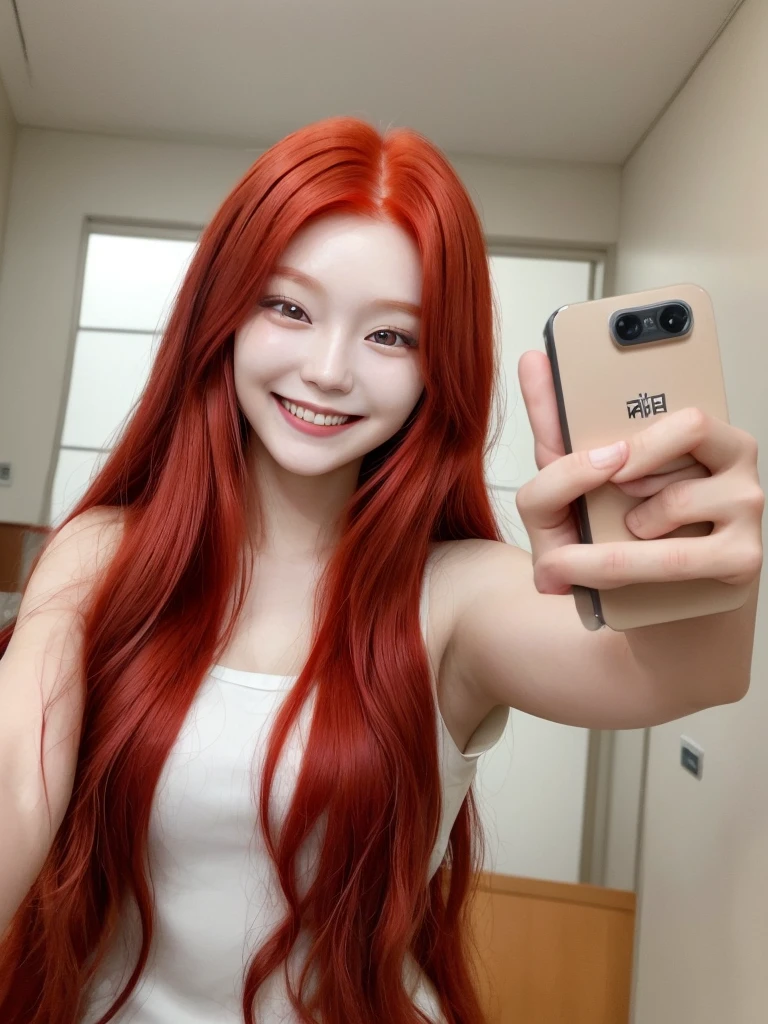 Korean with long red hair, smiling face, Selfie