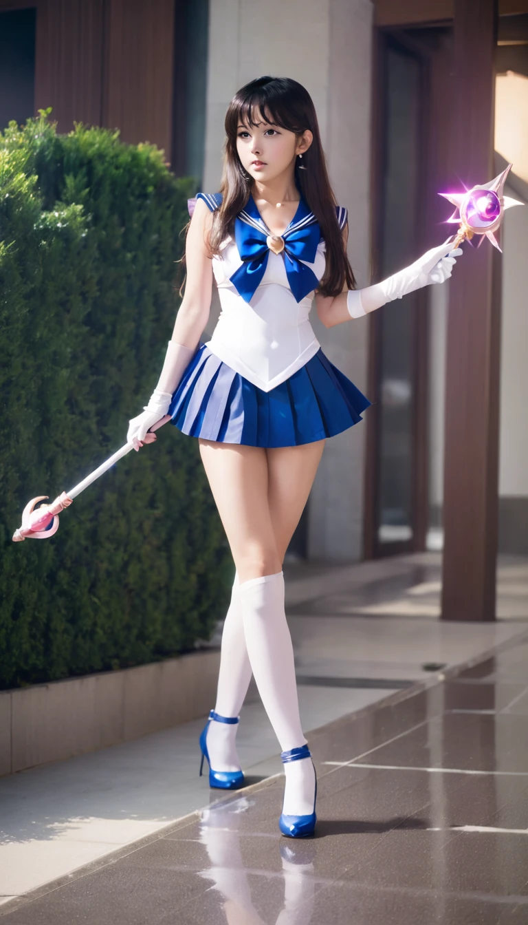 (best quality, high quality),1girl, sailor senshi unifoem, gloves, boots, bow, brooch,pleated miniskirt, magical girl, earrings, long hair, nsfw, latex, large_breasts, full body, korean idol, holding wand, wand, wand effect,agic effect, standing, crossed legs,