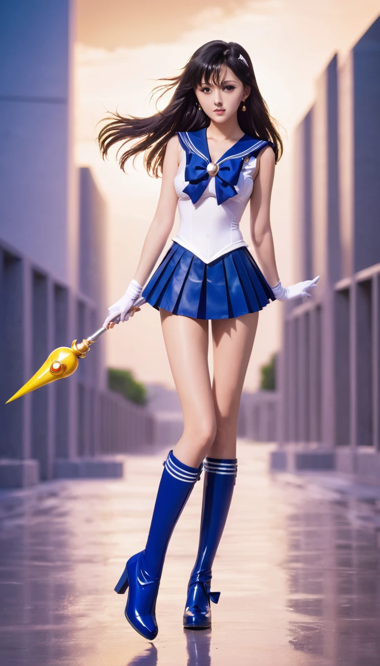 (best quality, high quality),1girl, sailor senshi unifoem, gloves, boots, bow, brooch,pleated miniskirt, magical girl, earrings, long hair, nsfw, latex, large_breasts, full body, korean idol, holding wand, wand, wand effect,agic effect, standing, crossed legs,