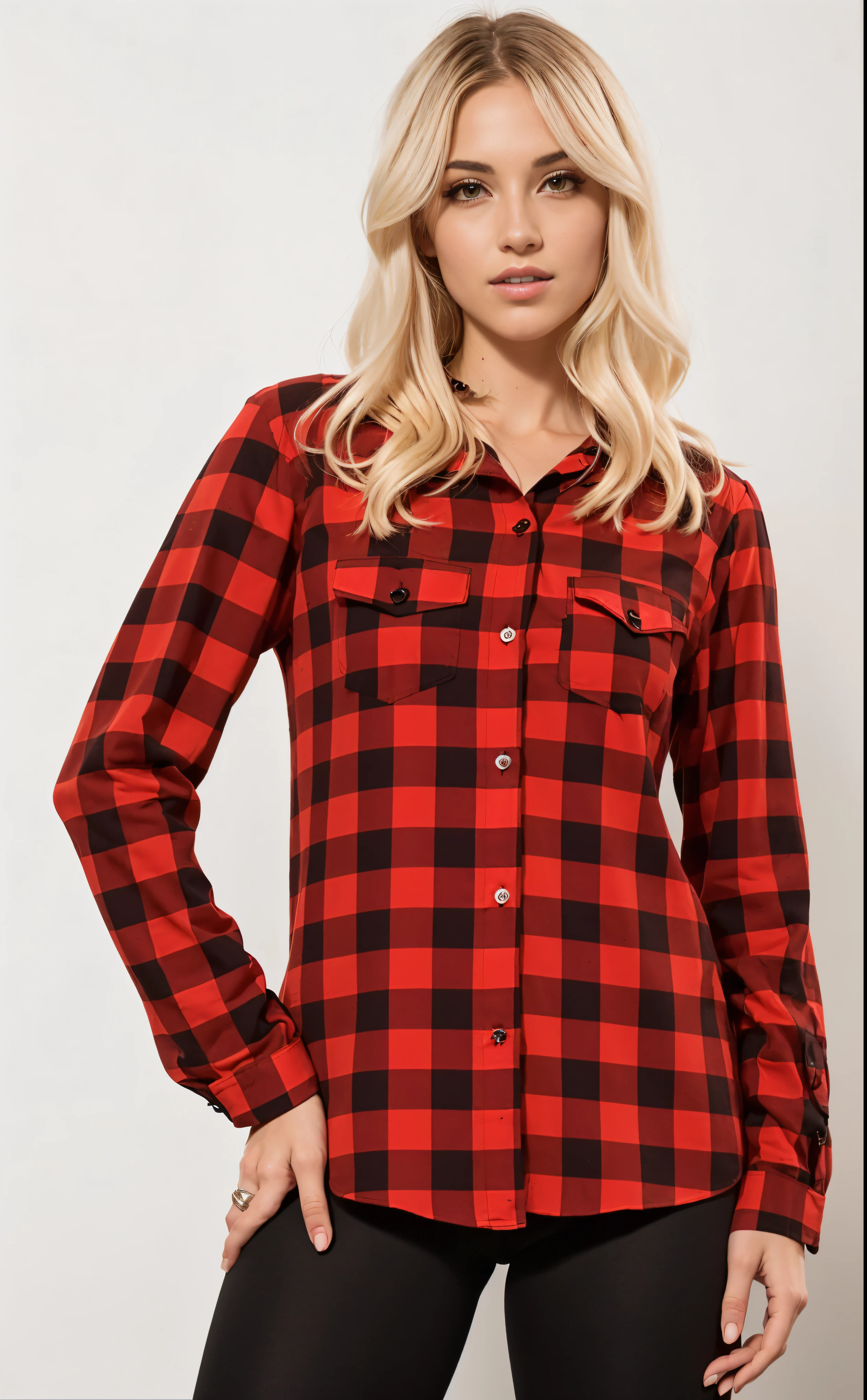 a woman wearing a red and black plaid chemise and black leggings, flannel, wearing a red lumberjack chemise, wearing plaid chemise, plaid chemise, wearing a flannel chemise, wearing a plaid chemise, lumberjack flannel, wearing a red plaid dress, red chemise, wearing in chemise, clothing photography, chemise, western clothing, lumberjack, button - up chemise, red and black