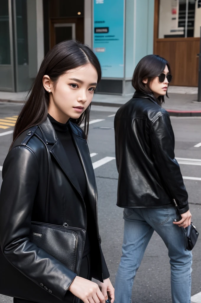 Two men wearing black leather suits、rapes a woman