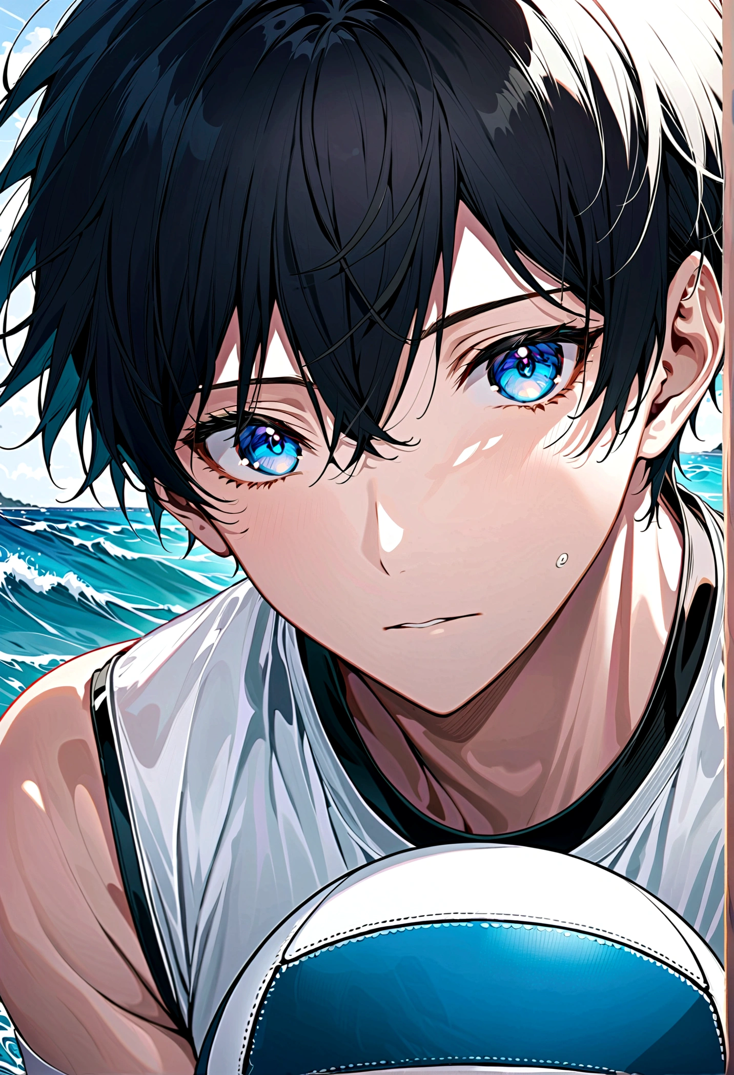 high resolution, Hikio Kageyama ,volleyball!!, Black Hair, Solitary, 1 boy, male, Ocean滩, Ocean, external, Delicate eyes, close up, Ocean滩 volleyball, Whole face