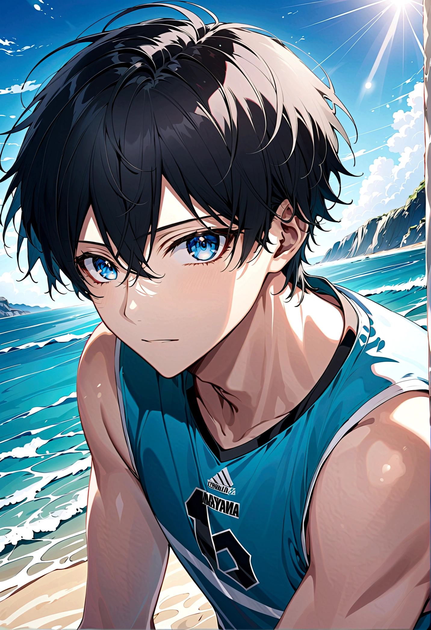 high resolution, Hikio Kageyama ,volleyball!!, Black Hair, Solitary, 1 boy, male, Ocean滩, Ocean, external, Delicate eyes, close up, Ocean滩 volleyball, Whole face