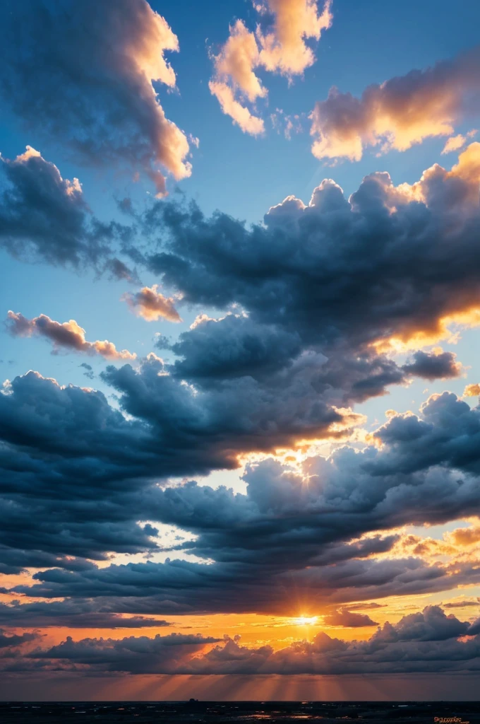 sky in gradient from dark to light blue, sun above shining on black and threatening clouds below, (realistic), (digital painting), (high resolution), (ultra-detailed), (masterpiece quality),