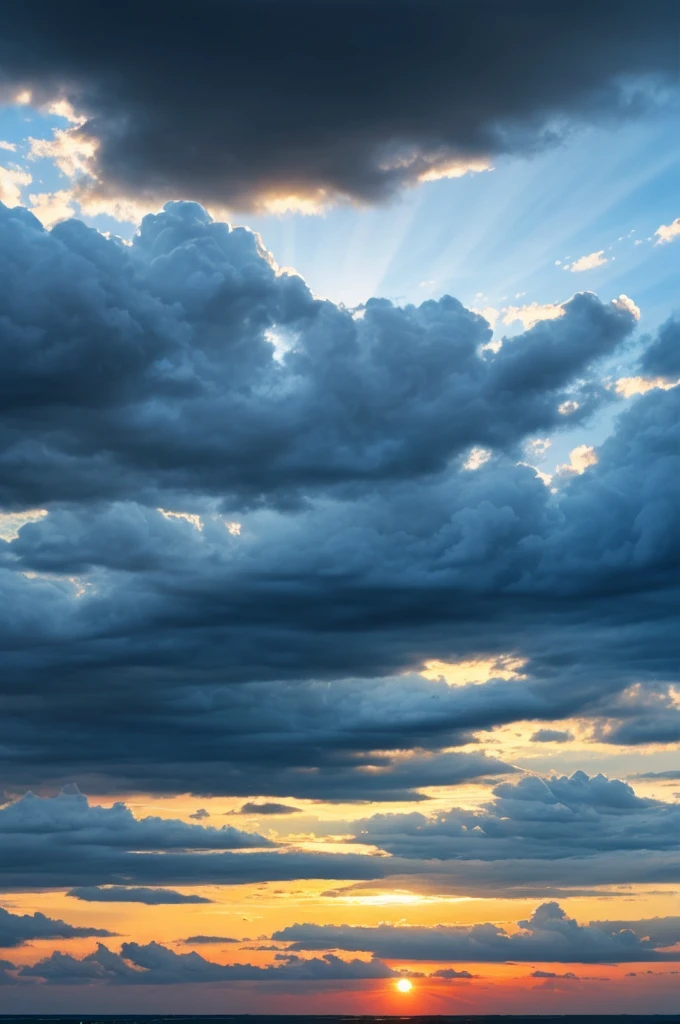 sky in gradient from dark to light blue, sun above shining on black and threatening clouds below, (realistic), (digital painting), (high resolution), (ultra-detailed), (masterpiece quality),