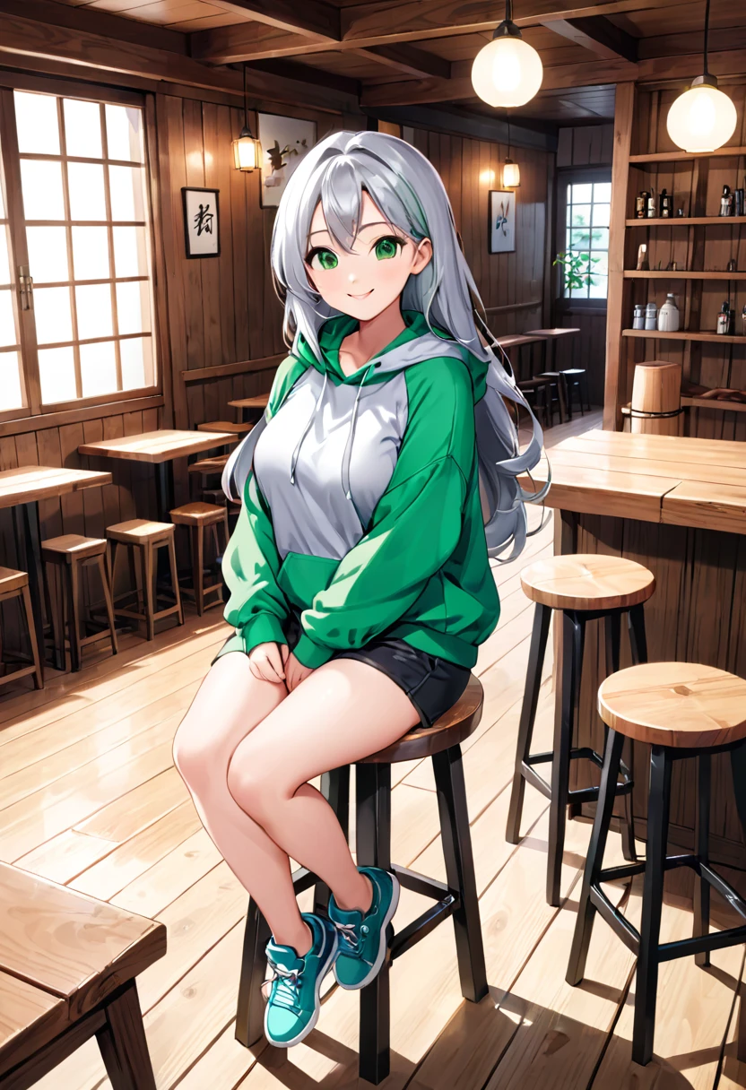 Pretty asian woman, bright silver hair, long hair, green eyes, busty, black shorts and a green hoodie, cute, sitting on a wooden barstool ,empty environment, pretty smile, anime style, full body photo, facing to the right