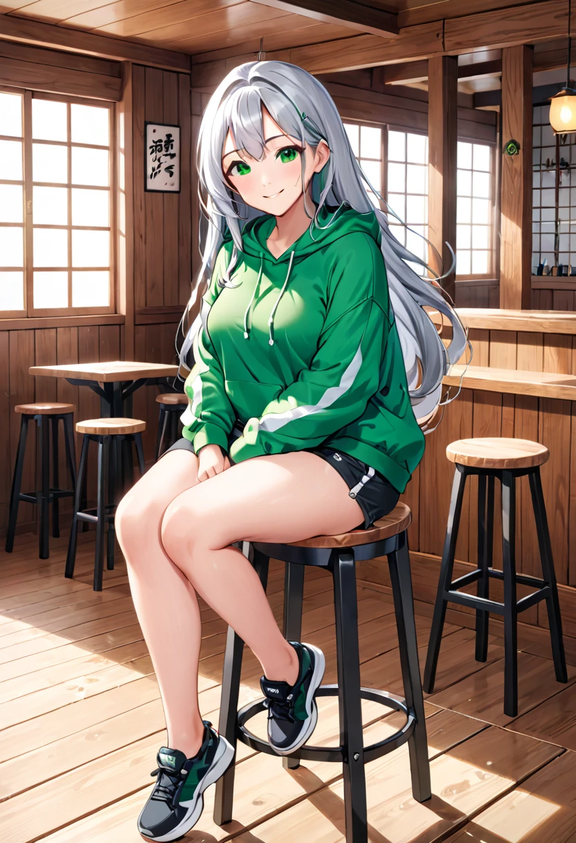 Pretty asian woman, bright silver hair, long hair, green eyes, busty, black shorts and a green hoodie, cute, sitting on a wooden barstool ,empty environment, pretty smile, anime style, full body photo, facing to the right
