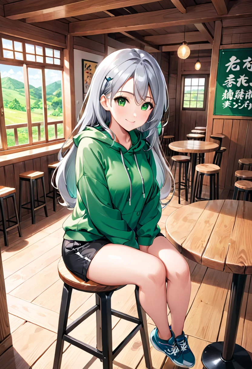 Pretty asian woman, bright silver hair, long hair, green eyes, busty, black shorts and a green hoodie, cute, sitting on a wooden barstool ,empty environment, pretty smile, anime style, full body photo, facing to the right