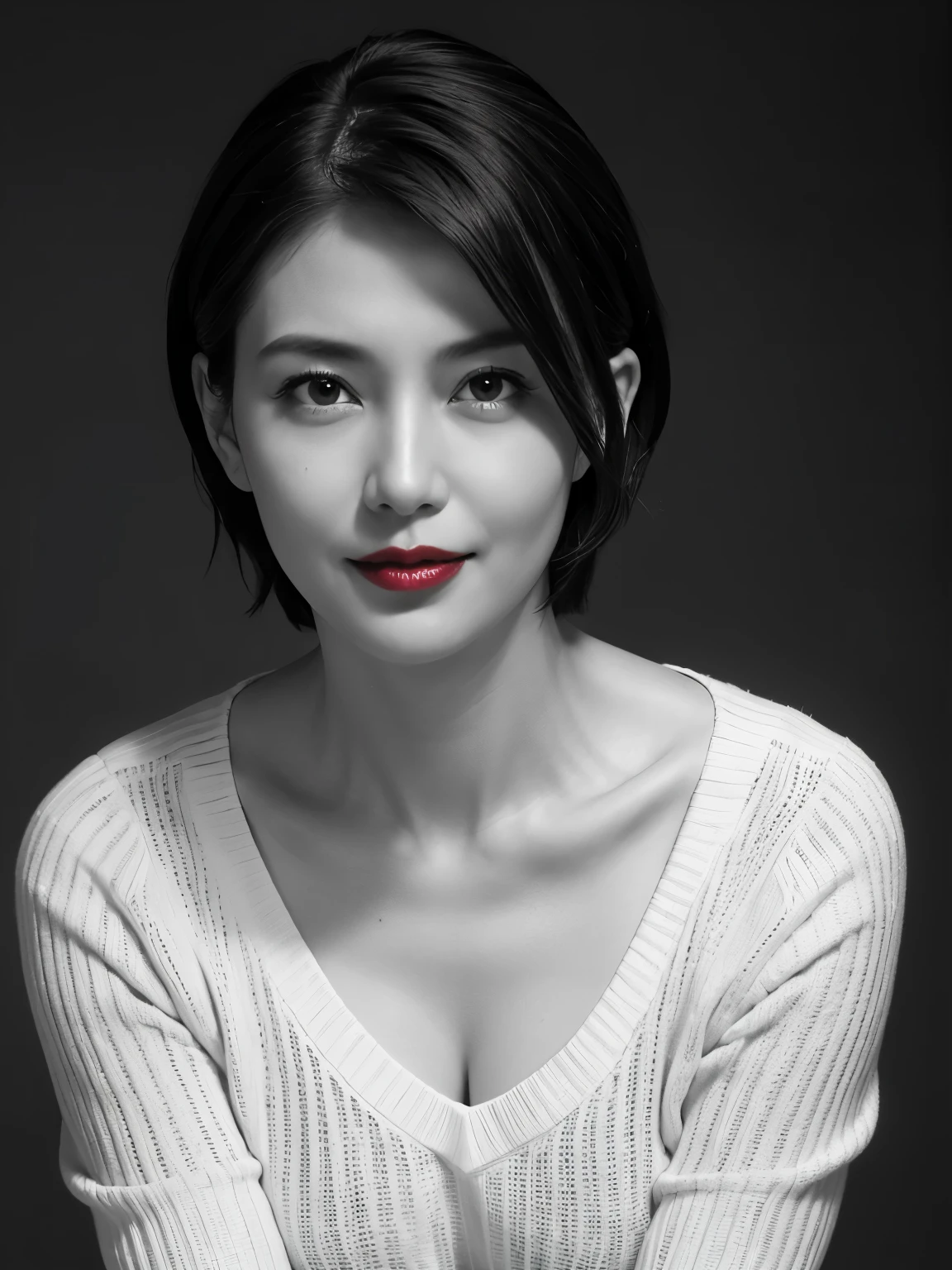 Tabletop, Highest quality, Realistic, Very detailed, finely, High resolution, 8k wallpaper, RAW Photos, Professional, High level of detail, 1 Girl, (((Black and white photography))), (((Red lips))), ((Looking into the camera)), (((Look forward))), Upper Body, short hair, Bob Hair, (Straight hair), Shapely breasts, Cleavage, V-neck light knit sweater