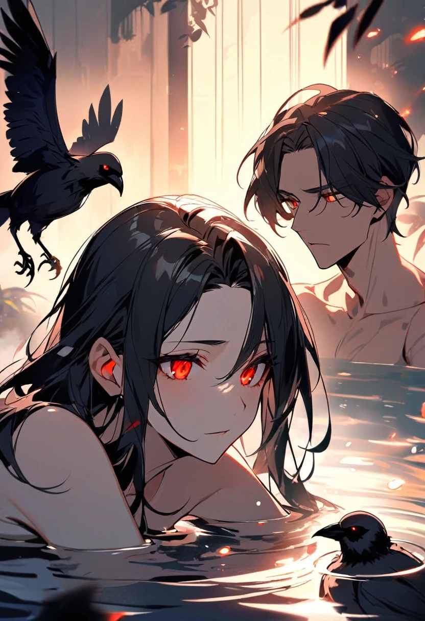 woman, red eyes, black hair, crow, glowing eyes, parted bangs, peaceful face, bathing, nude