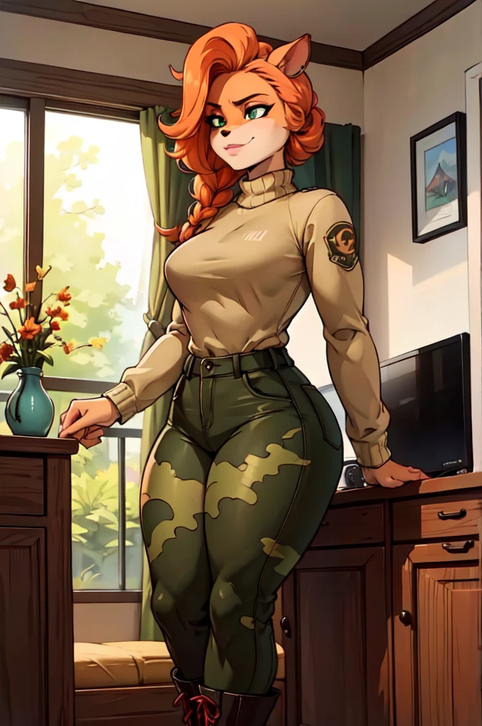 (best quality,4k,8k,highres,masterpiece:1.2),ultra-detailed,realistic:1.37,portrait,anthro bandicoot girl redhead, braided hair, beautiful green eyes, relaxing moment,  ,, warm sweater, camouflage pants, army boots, smirking, cozy lighting, vibrant colors , girl anthro , sweater, camouflage pants, army boots, hands to pants , futanari ,пенис срывается под штаны 