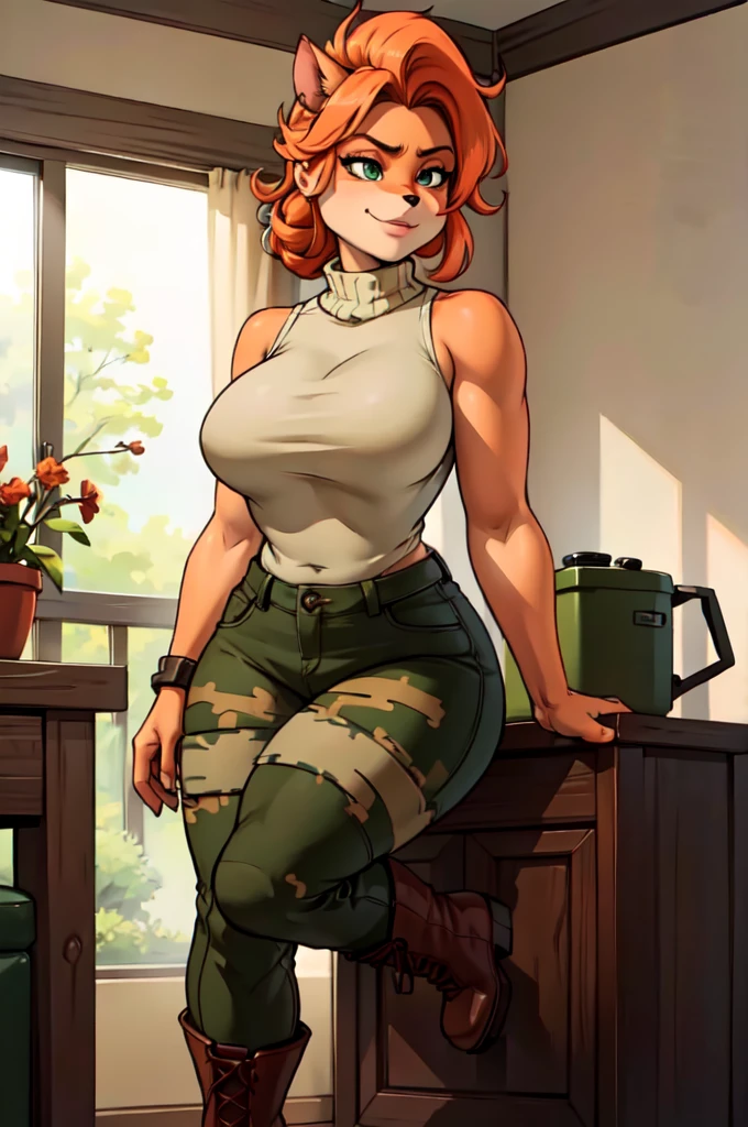 (best quality,4k,8k,highres,masterpiece:1.2),ultra-detailed,realistic:1.37,portrait,anthro bandicoot girl redhead, braided hair, beautiful green eyes, relaxing moment, sexy ,seductive, warm sweater, camouflage pants, army boots, smirking, cozy lighting, vibrant colors , girl anthro , sweater, camouflage pants, army boots, hands to pants , futanari ,пенис срывается под штаны 