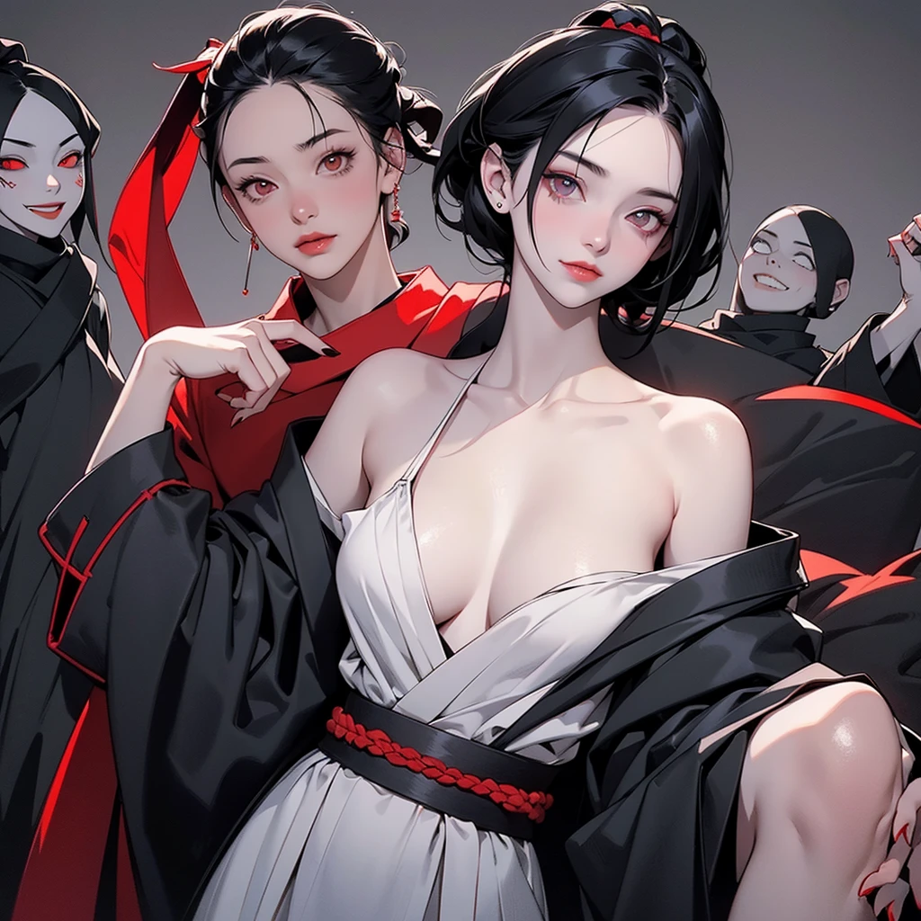 girl with black hair tied up, very pale skin, body chained, slight sarcastic smile, left hand covering her left eye, red kimono on the right side falling over her shoulders, around her several dark evil creatures like black figures. image and dark pastel colors