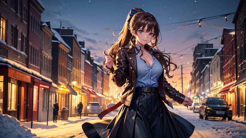 1girl, solo, christmas, ((christmas tree)), street, night, lights, snow, long hair, brown hair, curly hair, ponytail, large full breasts, ((brown leather jacket)), button down shirt, dark blue eyes, ((blue shirt)), ((unbuttoned shirt)), ((long skirt)), smile, ((unbuttoned shirt)), unbuttoning buttons, cleavage 1:3, looking at the viewer, standing, hair ribbon, golden necklate 