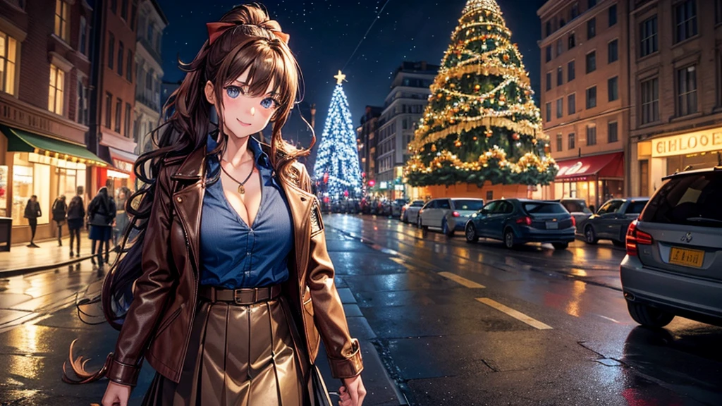 1girl, solo, christmas, ((christmas tree)), street, night, lights, snow, long hair, brown hair, curly hair, ponytail, large full breasts, ((brown leather jacket)), button down shirt, dark blue eyes, ((blue shirt)), ((unbuttoned shirt)), ((long skirt)), smile, ((unbuttoned shirt)), unbuttoning buttons, cleavage 1:3, looking at the viewer, standing, hair ribbon, golden necklate