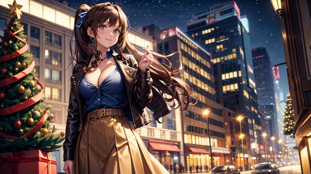 1girl, solo, christmas, ((christmas tree)), street, night, lights, snow, long hair, brown hair, curly hair, ponytail, large full breasts, ((brown leather jacket)), button down shirt, dark blue eyes, ((blue shirt)), ((unbuttoned shirt)), ((long skirt)), smile, ((unbuttoned shirt)), unbuttoning buttons, cleavage 1:3, looking at the viewer, standing, hair ribbon, golden necklate