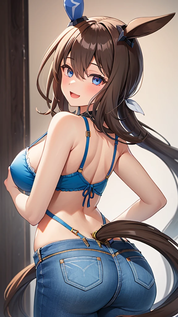 ????,{{{masterpiece:1.2}}},{{{best-quality:1.2}}},{{{ultra-quality:1.2}}},{{ultra-detailed:1.2}},{{{ultra-highres:1.2}}},{{{ultra-high-resolution:1.2}}},{{{extremely-detailed-CG-unity-8k-wallpaper}}},Admire Vega\(umamusume\),{1 girl,beautiful girl,18 yo,cute,smile,kawaii,lovely,blushing,playful expression,embrrased,??????,????},(she is looking back),(wear thight Jeggings),(show ???? crack),oily skin,beautiful detailed hair,glossy hair,perfect two legs,five fingers,perfect 2 arms,(large breaths),(big ????),beautiful detailed eyes,jewel like eyes,blue eyes,open mouth,armpits,beautiful navel,collarbone,earring