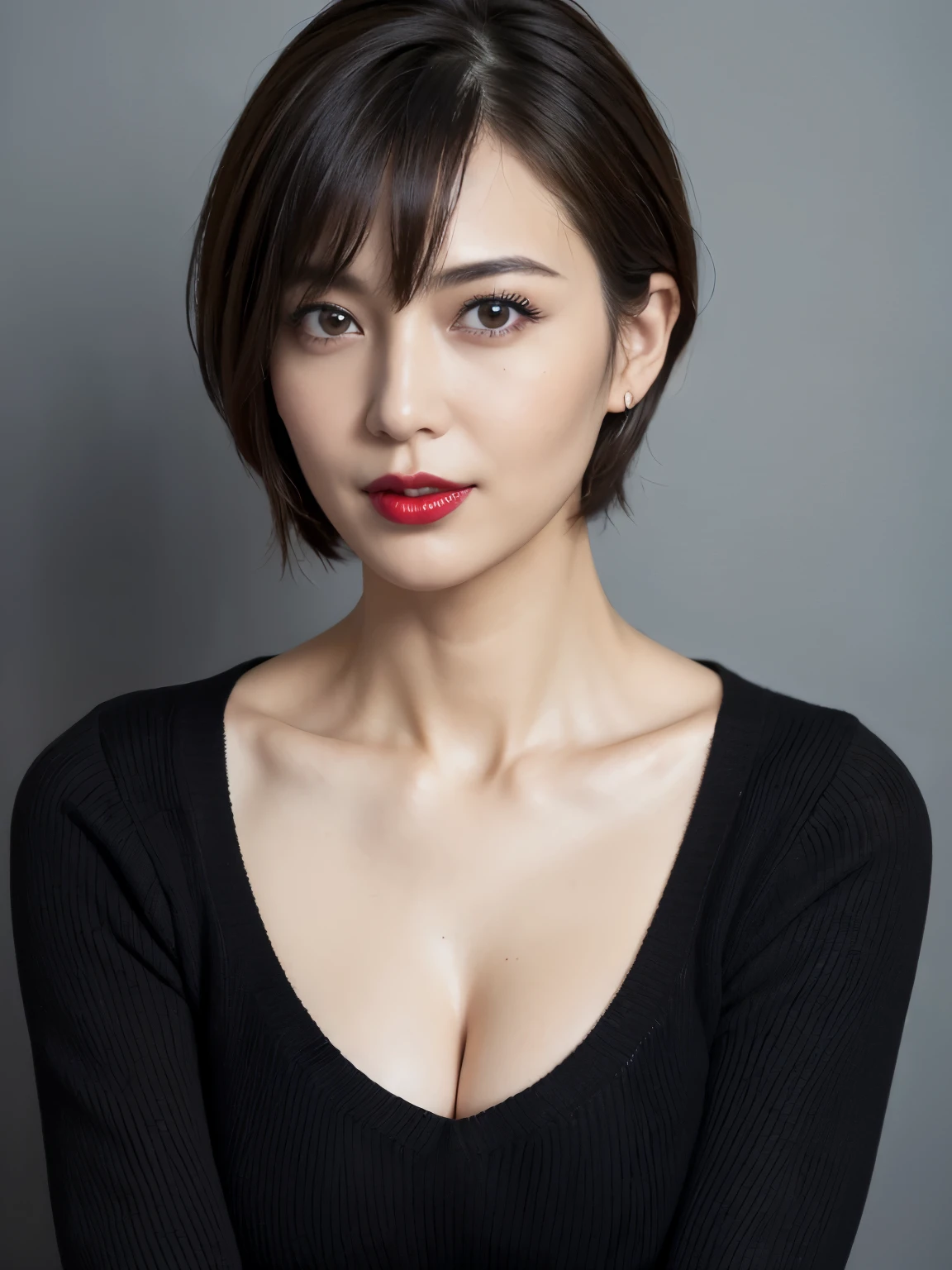 Tabletop, Highest quality, Realistic, Very detailed, finely, High resolution, 8k wallpaper, RAW Photos, Professional, High level of detail, 1 Girl, (((Black and white photography))), (((Red lips))), ((Looking into the camera)), (((Look forward))), Upper Body, short hair, Bob Hair, (Straight hair), Shapely breasts, Cleavage, V-neck light knit sweater