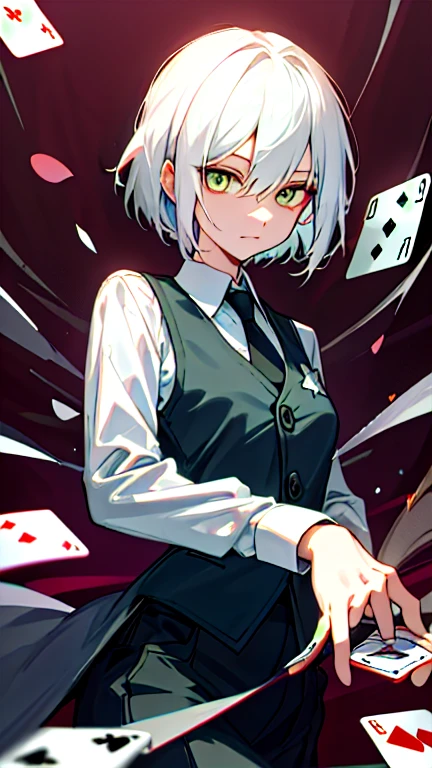 1girl, lamia, scutes, white shirt, full bodyesbian, Original Character, volumettic light, best shadow, shallowdepthoffield, Stunning teenager, thin, Delicate, beautiful and charming face,female white hair amber eyes short hair in the forest orginal school uniform Pose with movement green tie one person Black vest Decisive pose coat masterpiece Highest image quality noise removal clear parts cinematic shadow Increased attractiveness of the eyes clear parts the shine of the eyes Draw eyelashes neatly perfect eyes detailed eyes Sharpen image quality Sharpen eye writing clear parts eye shape, (((Playing Card Joker Poker Card) with rose motif at the center with a stylized ornament))