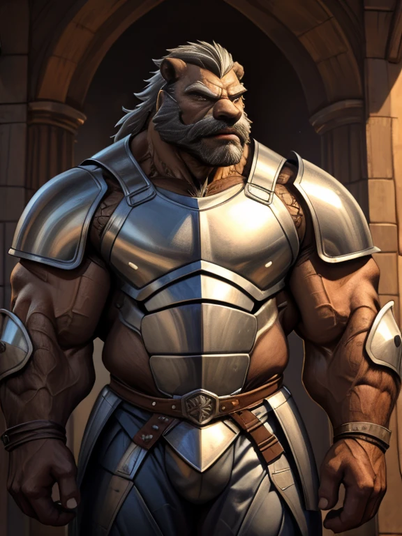 burly virile hairy werelion, in a suit of armor, a himbo muscle daddy, middle-aged dilf, hirsute, overmuscular and musclebound, bulging veiny muscles, a warrior's build, a bodybuilder's physique, long bushy and a thick mustache, a square jaw, handsome and dreamy, grey hair, a knight clad in full armor