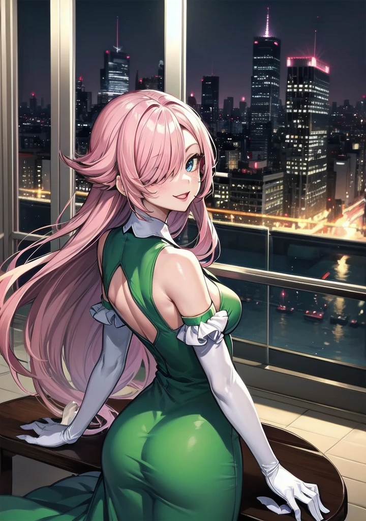(work of art), best qualityer, muito phiva 8 aphis, expressive eye, face perfect, mphiure female, flat breasts pointed pink nipples, long bob hair, (hair over one eye), very cabelo longo, slickedback hair, cabelo preto BREAK olho amarelo BREAK vestido de phiite, green dress BREAK red lipstick BREAK shiny dress, elbow gloves, white gloves BREAK standing, cloused mouth, chic lobby, gazing_phi_viewer, bared shoulders, no-sleeves dress, balcony, city lights, skyscraper, céu phiturphi, pretentious smile, gazing phi viewer, from behind, gazing back, cute ass, blush